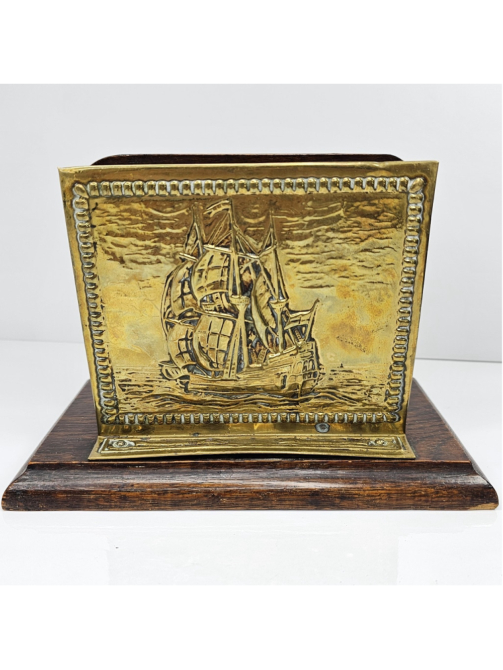 Vintage Brass Sailing Ship Letter Holder Wood Base Nautical Desk Organizer